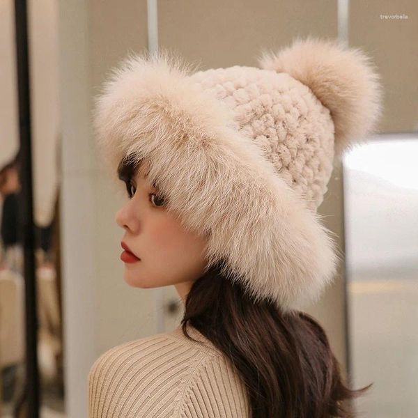 Beralar Kore moda gerçek saç sıcak şapka kabarık bayanlar rahat kış açık kalınlaşmış peluş elastik 2024