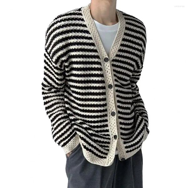 Maglioni da uomo Cardigan allentato con scollo a V Cappotto autunnale primaverile Scollo a V a righe lavorato a maglia per uomo Maglione invernale monopetto