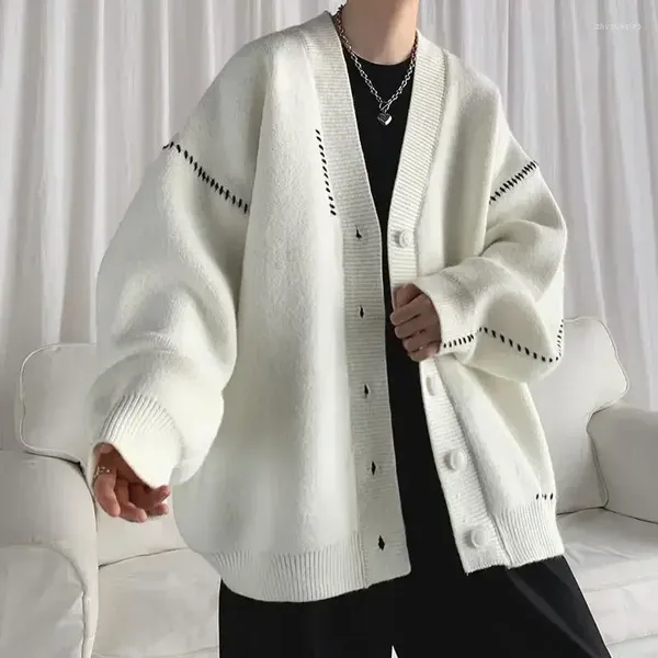 Maglioni da uomo Maglione lavorato a maglia Maglione con scollo a V giapponese Abbigliamento retrò impiombato Cardigan Bianco liscio Primavera Autunno Vestibilità ampia Taglie forti Strada A