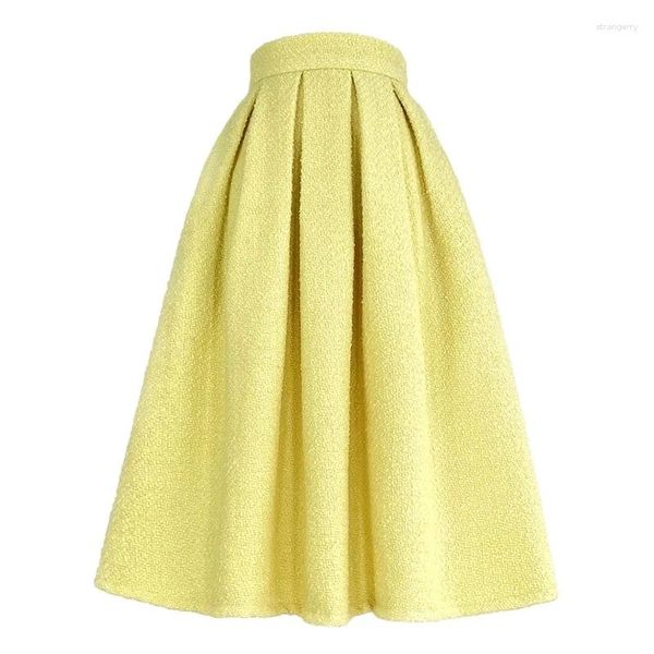 Saias 2024 inverno estilo celebridade coreano estética vintage elegante amarelo tweed cintura alta saia longa luxo moda escritório senhora trabalho