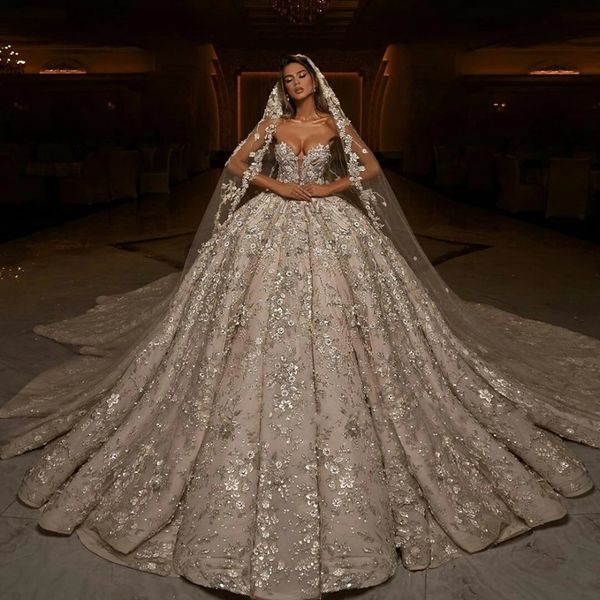 2024 Lüks Dubai Balyoyu Gelinlik Prenses Sparkly Dantel Aplikler Nakış Gelin Resmi Gowns Robe de Mariage Vestido de Noivas