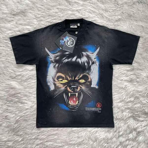 Designer de moda masculina hellstar clássico hellstar clássico camiseta lavagem cabeça de lobo lua cheia impressão camiseta de manga curta