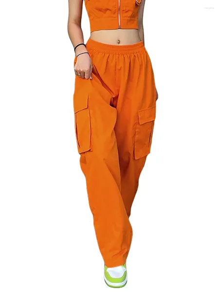 Damenhose, lässig, orange, elastische Taille, einfarbig, gerades Bein, mit Taschen, lockere Cargohose mit Taschen