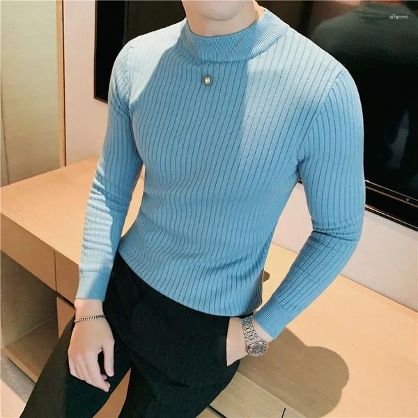 Erkek Sweaters 10 Renk Koyu Dikey Çizgiler Düz Renk Yarım Yavaş Yeltin Örgü Sweater Erkekler Uzun kollu Zayıflama Külotu