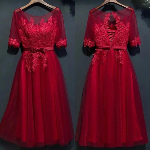 Бальные платья Вечернее платье Винно-красный тюль с аппликациями с круглым вырезом и короткими рукавами А-силуэта длиной плюс размер Женское вечернее платье по индивидуальному заказу