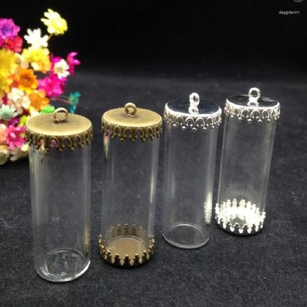 Anhänger Halsketten 5Sets/Los 40 15 mm ein Seiten Offene Röhrchen -Glas -Globus Erkenntnisse Silber/Bronze/Gold Farbblume Basis Flasche Schmuck DIY