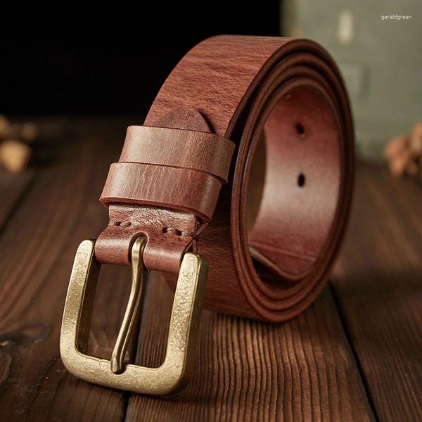 Cinture Cintura in vera pelle vintage fatta a mano da 4,0 cm di larghezza per uomo Pelle bovina a grana superiore Fibbia in ottone Vita versatile casual da uomo