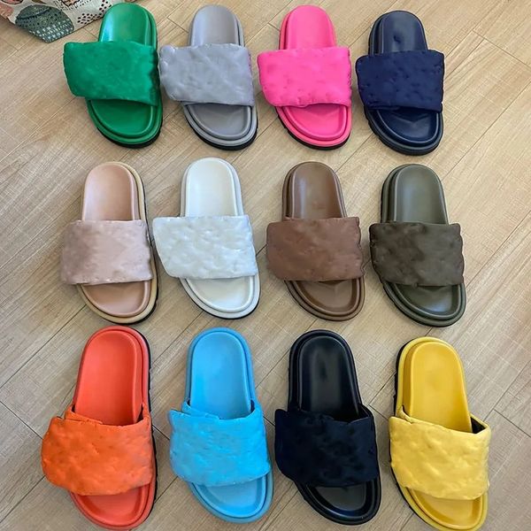 Piscina travesseiro slides mulheres homens chinelos designer plana conforto mules sliders estampas clássicas alça frontal acolchoada sandálias de praia EU35-44