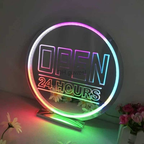 Sinal de néon LED RGB aberto 24 horas Luzes LED abertas sinal de néon espelho colorido lâmpada de néon decoração de parede café bar loja decoração brilho luz de néon USB YQ240126