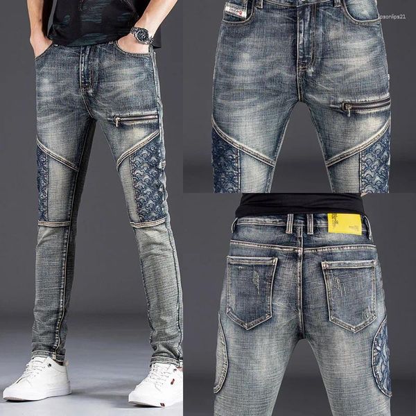 Jeans da uomo Moda Uomo Slim Fit Patchwork Pantaloni in denim effetto vissuto retrò maschile Tasca ricamata Y2K Pantaloni vintage da fidanzato punk