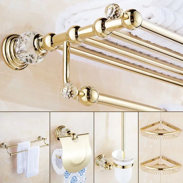 Set di accessori per il bagno in argento di cristallo di lusso Set Set di accessori per il bagno in ottone lucido dorato Prodotti per il bagno a parete Cestino Rack3 240123