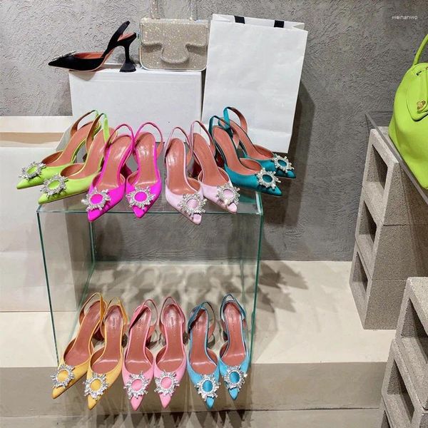 Scarpe eleganti 2024 AMINA MUADDI Seta girasole cristallo diamante fibbia tacchi alti in pelle ferro di cavallo con sandali da donna