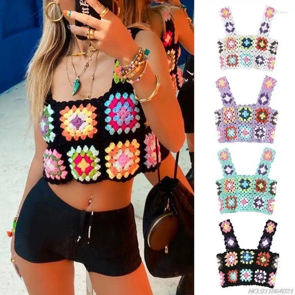 Frauen Tanks Frauen Sommer Häkeln Top Mehrfarbige Blumen Plaid Stricken Weste Sexy Square Neck Ärmellose Gestellte Shirts Großhandel