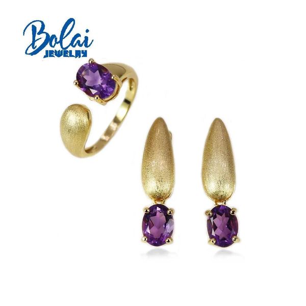 Charme bolai, áfrica natural ametista oval 6*8mm anel brincos conjunto de jóias prata esterlina moda feminina jóias finas