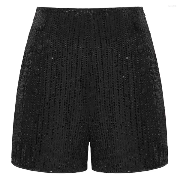 Damen-Shorts BP Damen-Shorts mit Vintage-Pailletten, einfarbig, elastisch, hohe Taille, Knöpfe, verziert in der Mitte des Oberschenkels, atmungsaktive Slim-Fit-Hose