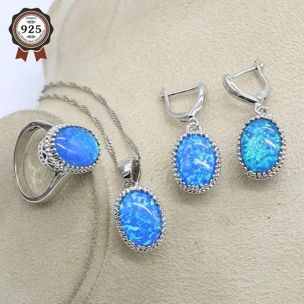 Conjuntos de jóias para mulheres luxo 925 prata esterlina azul opala branco topázio anel brincos pingente conjunto moda jóias