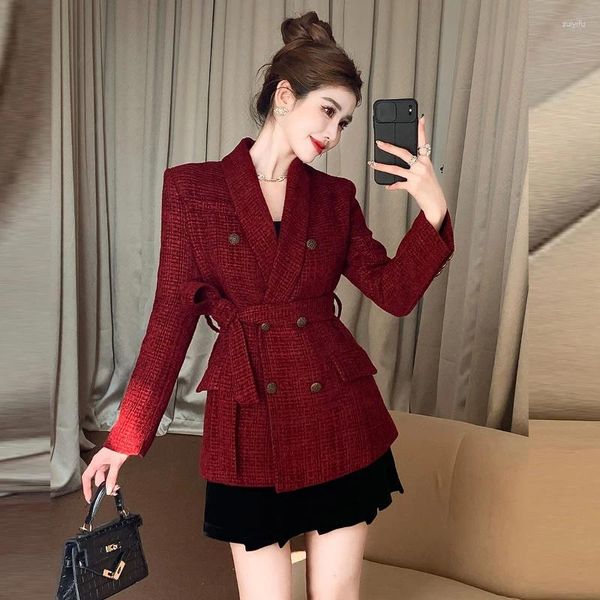 Ternos femininos outono/inverno acolchoado algodão curto tweed blazer casaco retro casual cor sólida cintura solta jaquetas de renda