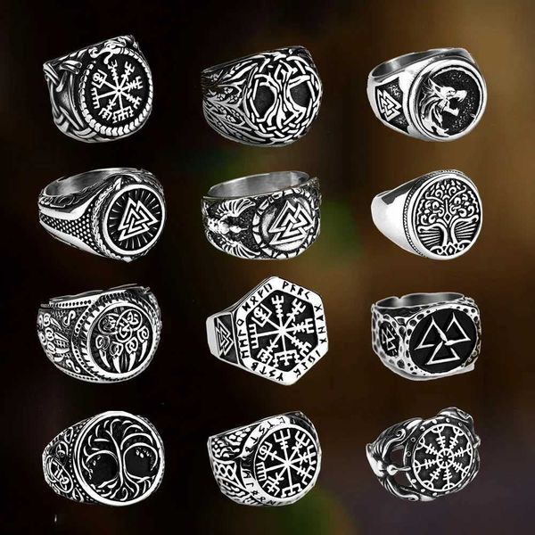 Anéis de banda 316l aço inoxidável nórdico viking anel valknut bússola árvore da vida lobo vintage homens anel amuleto jóias para namorado como presente 240125