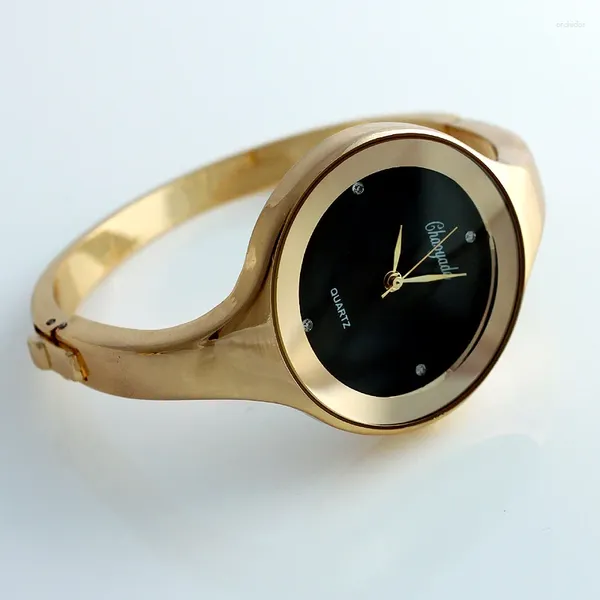 Relógios de pulso Mulheres Cuff Relógio Moda Casual Rodada Senhora Pulseira Meninas Relógios Ouro Aço Inoxidável Quartzo Pulso D1