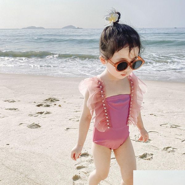 Цельный новый цельный купальник принцессы для девочек, летние детские юбки с жемчужным кружевом, модные детские спа-купальники, Прямая доставка B Dhawz