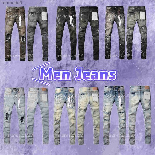 Jeans viola firmati da uomo al ginocchio skinny dritti alla moda lunghi strappati da strada taglia 29-40 Q1LM