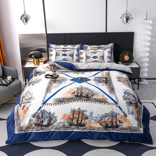 Biancheria da letto Queen King size 4 pezzi Set stile europeo Set di lusso in oro reale con ricamo copripiumino doppio in raso Lenzuola e federe in puro cotone