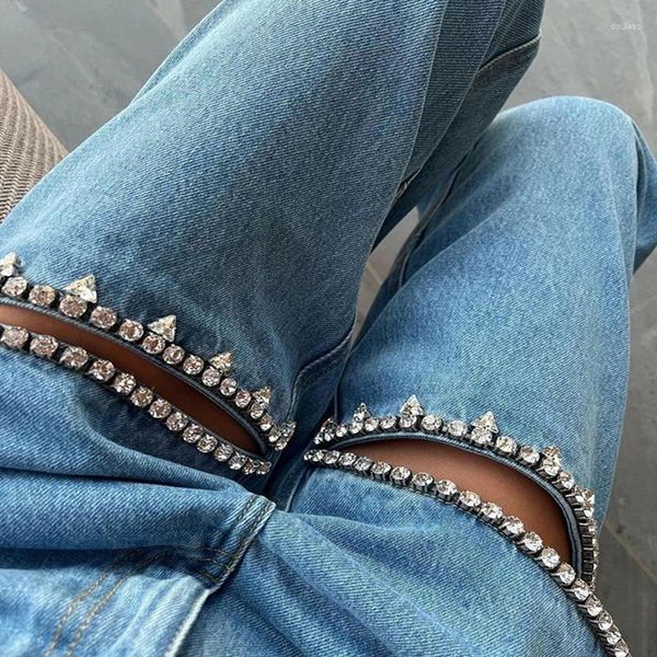 Jeans da donna alla moda dal design trendy a diamanti blu sciolto relax invecchiato di pantaloni a gamba larga a vita alta autunno/inverno