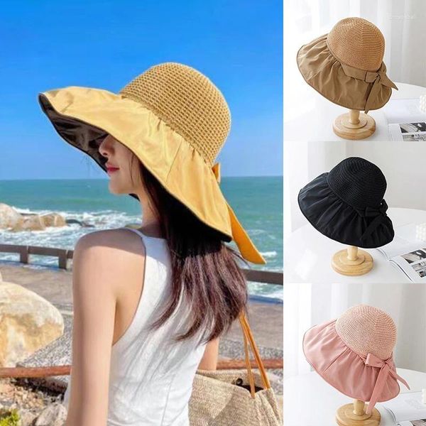 Cappelli a tesa larga Cappelli estivi da sole per donna Cappello a secchiello grande Berretti da spiaggia Cappello Panama Visiera esterna da viaggio in maglia a cupola anti UV