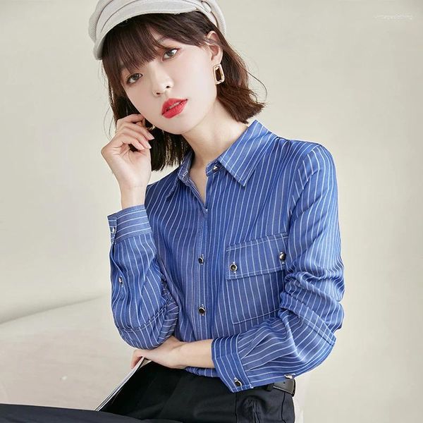 Blusas femininas azul e branco listrado versátil camisa de manga comprida feminina topos primavera outono elegante chique solto casual escritório senhora blusa