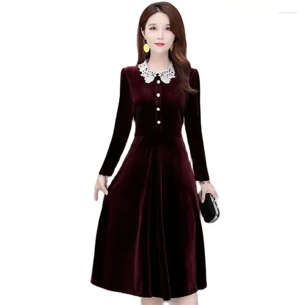 Casual Kleider Retro Mode Puppe Kragen Gold Samt Kleid frauen Vestidos 2024 Frühling Herbst Kleidung Schlank Elegante A-Line 5XL