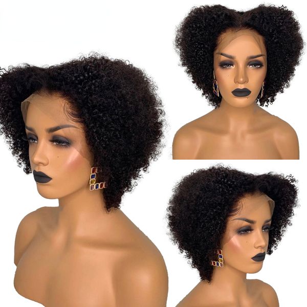 Afro kinky encaracolado curto peruca dianteira do laço cabelo humano cor natural afro natural linha fina 13x4 peruca frontal do laço sem cola para áfrica