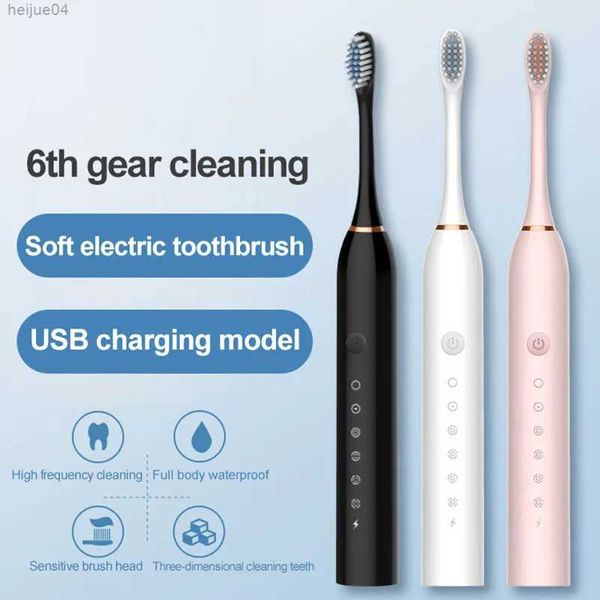 Spazzolino da denti 6 Gear Spazzolino da denti elettrico ultrasonico potente per adulti USB Spazzolino da denti sbiancante ricaricabile impermeabile Lavabile 4 spazzole