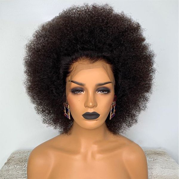 180 densidade afro kinky encaracolado peruca dianteira do laço brasileiro remy cabelo humano hd laço natural linha fina 13x4 sem cola afro curto bob peruca