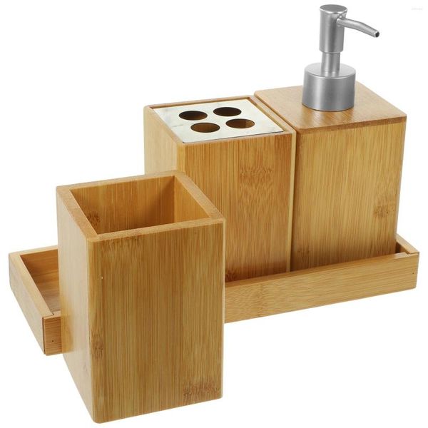 Set di accessori per il bagno Dispenser manuale per lozioni in bambù Bottiglie per shampoo e sapone Accessori per il bagno riutilizzabili Spazzolini da denti