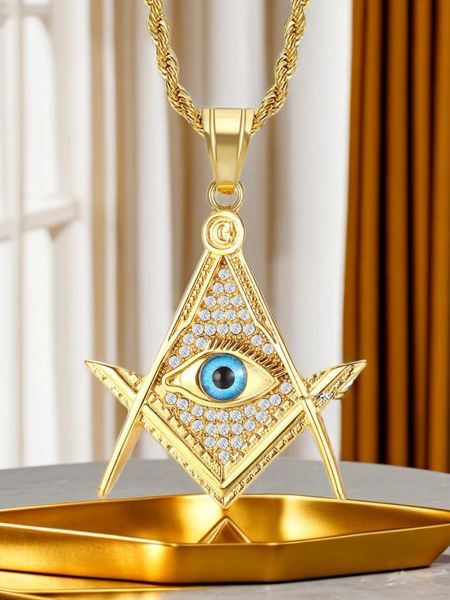 Hip Hop Iced Out Maçônico Olho Que Tudo Vê Pingente Colar Corrente 14k Ouro Amarelo Joias Freemason Mason