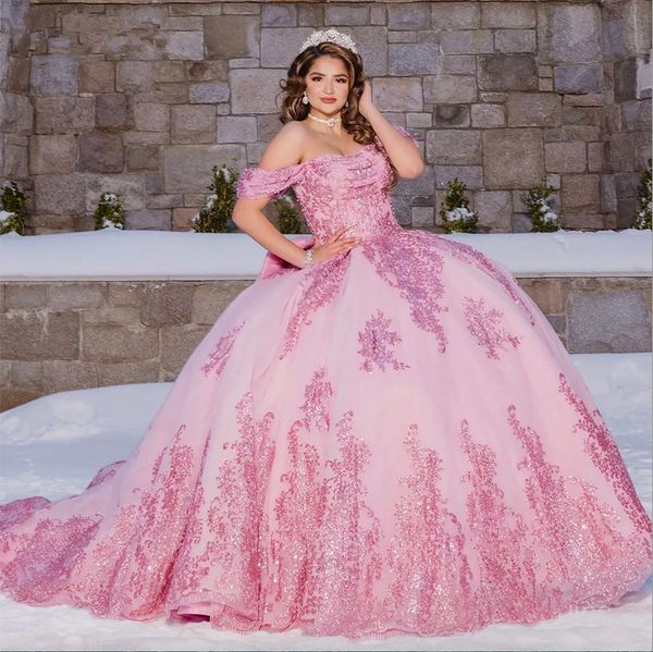 Pembe Gillter Quinceanera Elbiseler Balo Gown Tatlı 15 16 Yıllık Korse Dantel Prenses Prom Elbise Vestidos De 15 Anos Anos