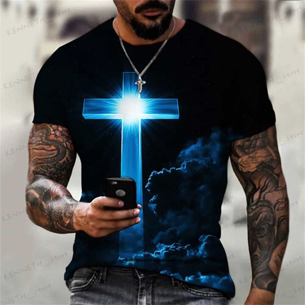 Homens camisetas Christian Mens Roupas Camisetas Oversized Camiseta Gótico Jesus Cristo Cruz 3D Impressão O-pescoço Tops Vintage Hip Hop Manga Curta T240126