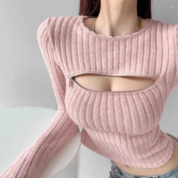 Suéter feminino doce menina vazado suéter para outono/inverno sexy curto encaixe zíper gola redonda manga comprida malha inferior