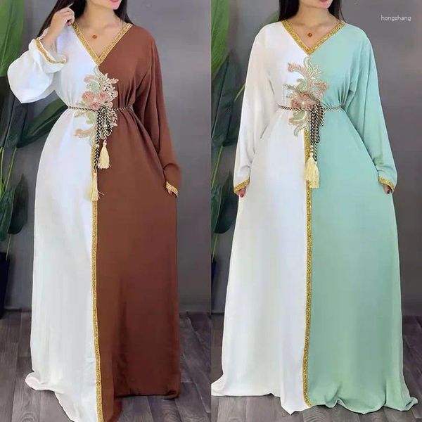 Abbigliamento etnico Dubai Abito da donna musulmana Pezzo di fiore rosa oro Ramadan Gurban Scollo a V Caftano marocchino Moda Donna Abaya