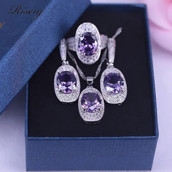Conjuntos de princesa presente grande oval roxo zircão ametista prata 925 conjunto de jóias para mulheres anel brincos colar conjunto