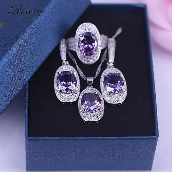 Sets Prinzessin Geschenk große ovale lila Zirkon Amethyst Silber 925 Modeschmuck Set für Frauen Ring Ohrringe Halskette Set