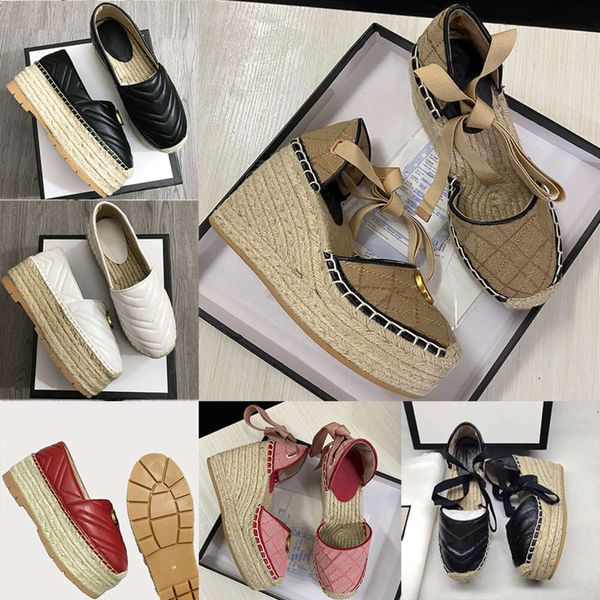 Designer-Damen-Keilplattform-Sandalen, Espadrille-Schuhe, echtes Leder, Knöchelschnürung, Matelasse-Espadrille, Damen-High-Heel, Größe 35–41, mit Box, Staubbeutel 037