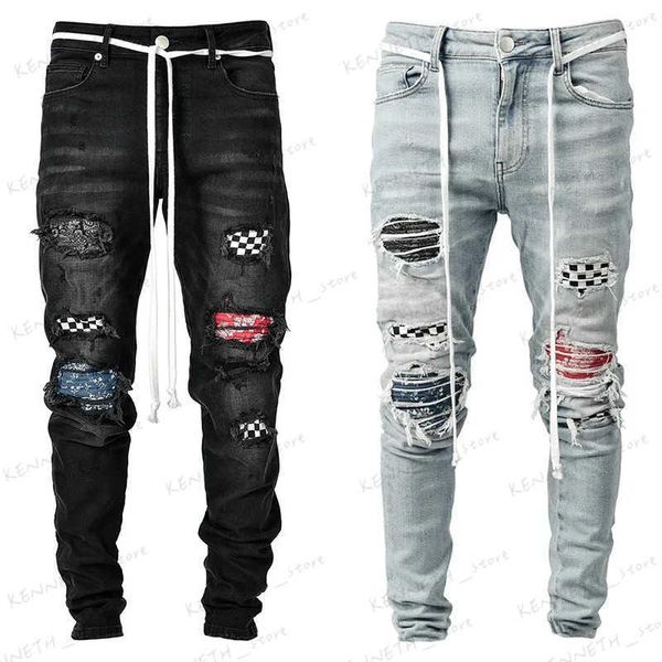 Erkekler Kot erkek sıska yırtık kot pantolon ekose dilenci yama ince fit streç rahat denim kalem pantolon koşu pantolonlar erkek T240126