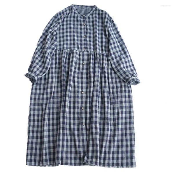 Casual Kleider Frauen A-Linie Kleid Plaid Print V-ausschnitt Mit Silhouette Raffen Manschette Detail Für Doppellagigen Lose Saum Plissee