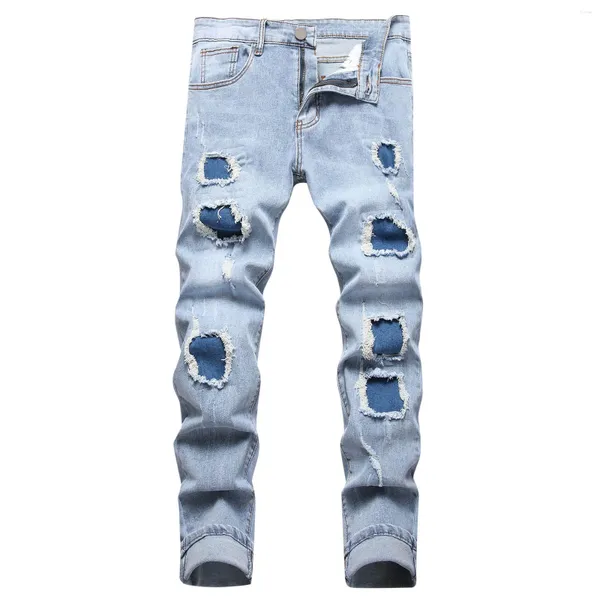 Jeans masculinos moda casual perfurado ajuste reto elástico casinha grande