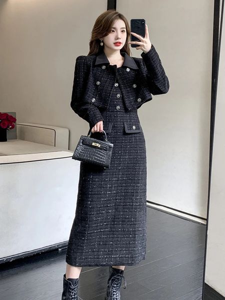 Luxus Tweed Zweiteiler Set Frauen Outfits Weiblich Vintage Revers Kurze Jacke MantelSpaghetti-trägern Kleid Anzug Herbst Winter Woolen S 240124