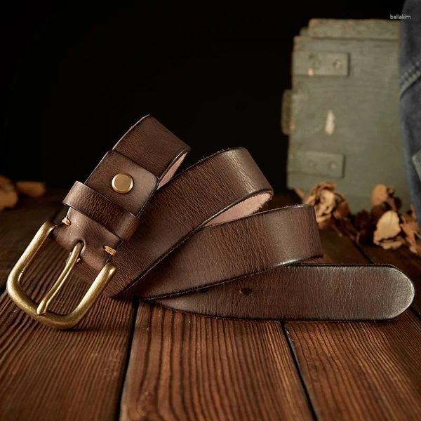 Cinture 3.5cm/1.38'' Cintura con fibbia in ottone fatta a mano Cintura da uomo in vera pelle con tacco Primo strato Jeans retrò da giovane Wiastbelt