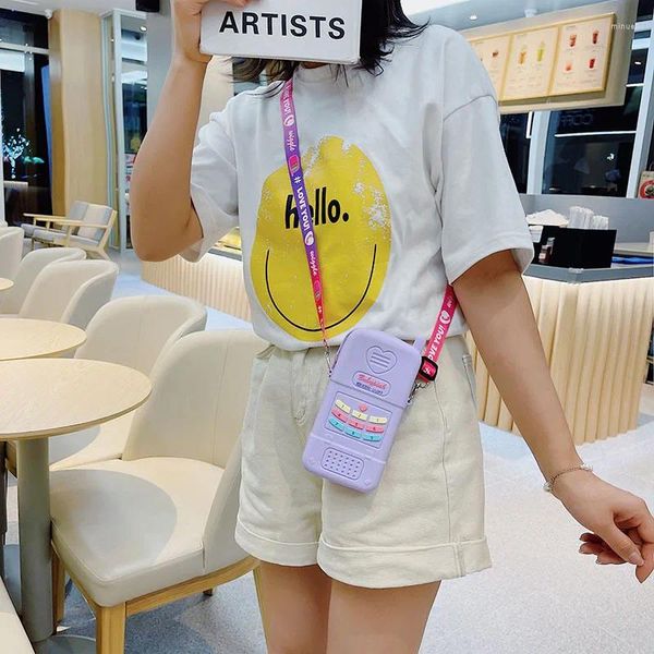 Abendtaschen Niedliche und lustige Umhängetasche im Telefonstil Neuartige Gelee-Geldbörsen Handtaschen für Frauen Cartoon Junges Mädchen Umhängetasche Rosa Lila