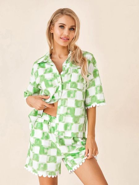 Kadın pijama kadınları 2 adet kıyafetler gevşek ekose yarım kol düğmesi gömlek ve gündelik elastik şort kulübü sokak kıyafetleri yaz kıyafetleri