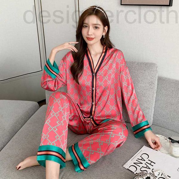 Mulheres sleep lounge designer de luxo sleepwear 2024 primavera novo estilo de manga comprida feminino pijamas conjunto de seda gelo impresso moda pijamas zu3o